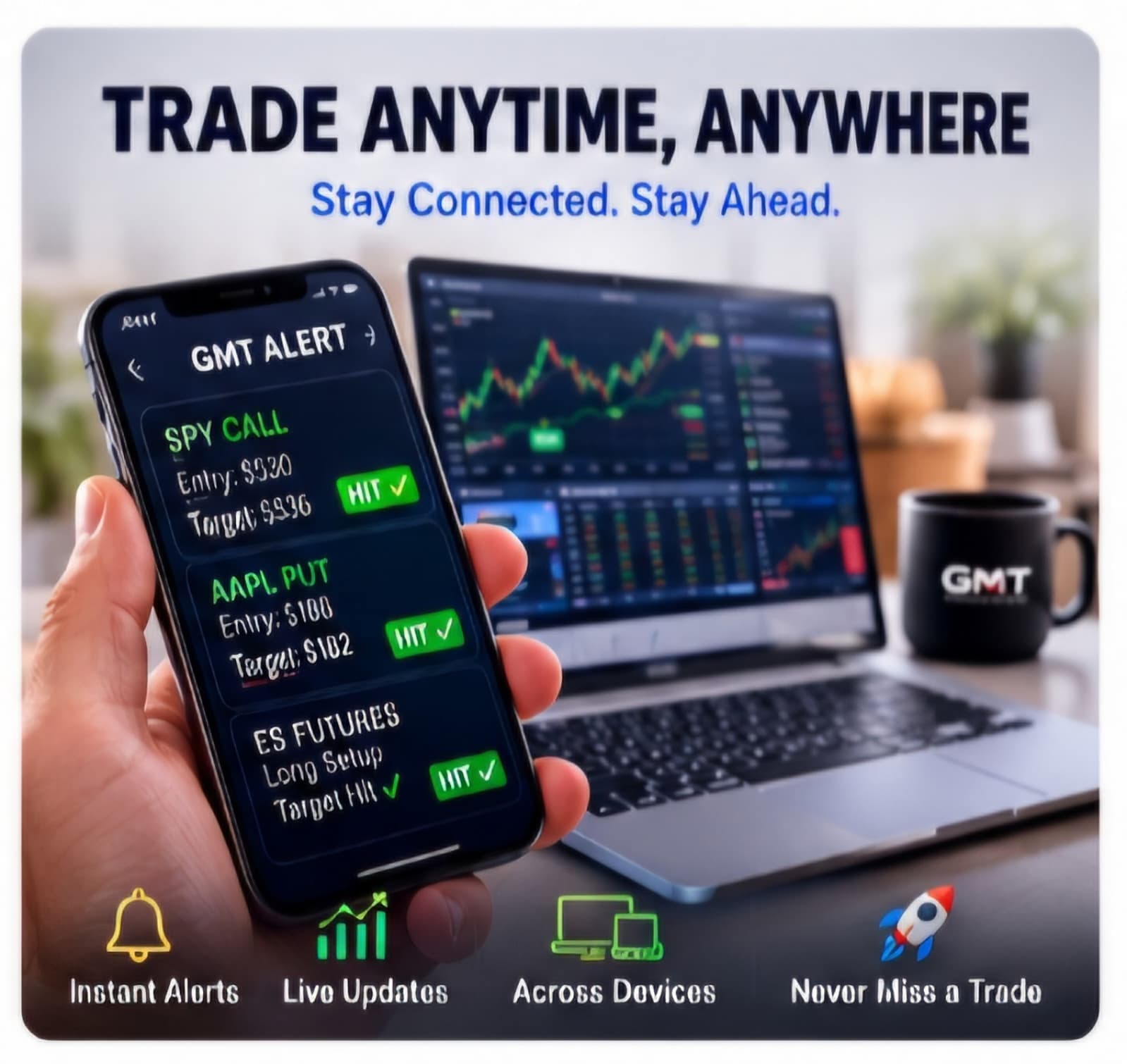 Trade Anytime, Anywhere — Stay connected, stay ahead. Instant alerts, live updates, across devices.