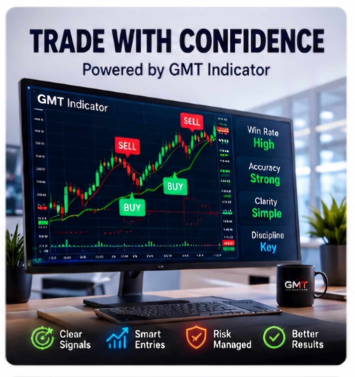 Trade with Confidence — Powered by GMT Indicator. Clear signals, smart entries, risk managed.